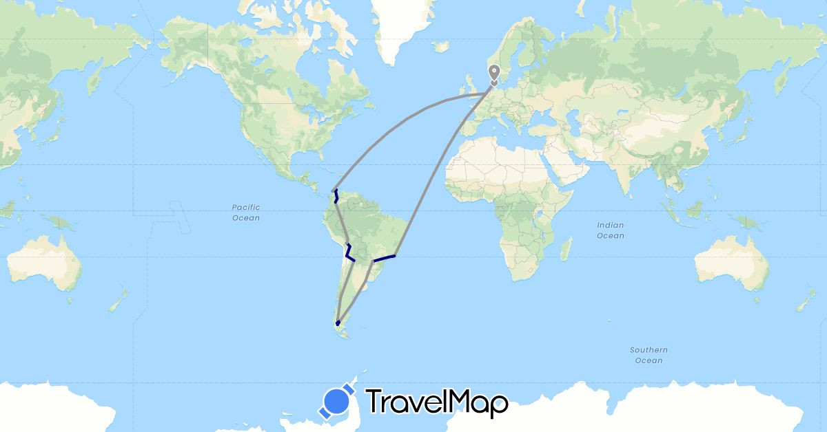 TravelMap itinerary: driving, plane in Argentina, Bolivia, Brazil, Chile, Colombia, Denmark, Netherlands (Europe, South America)